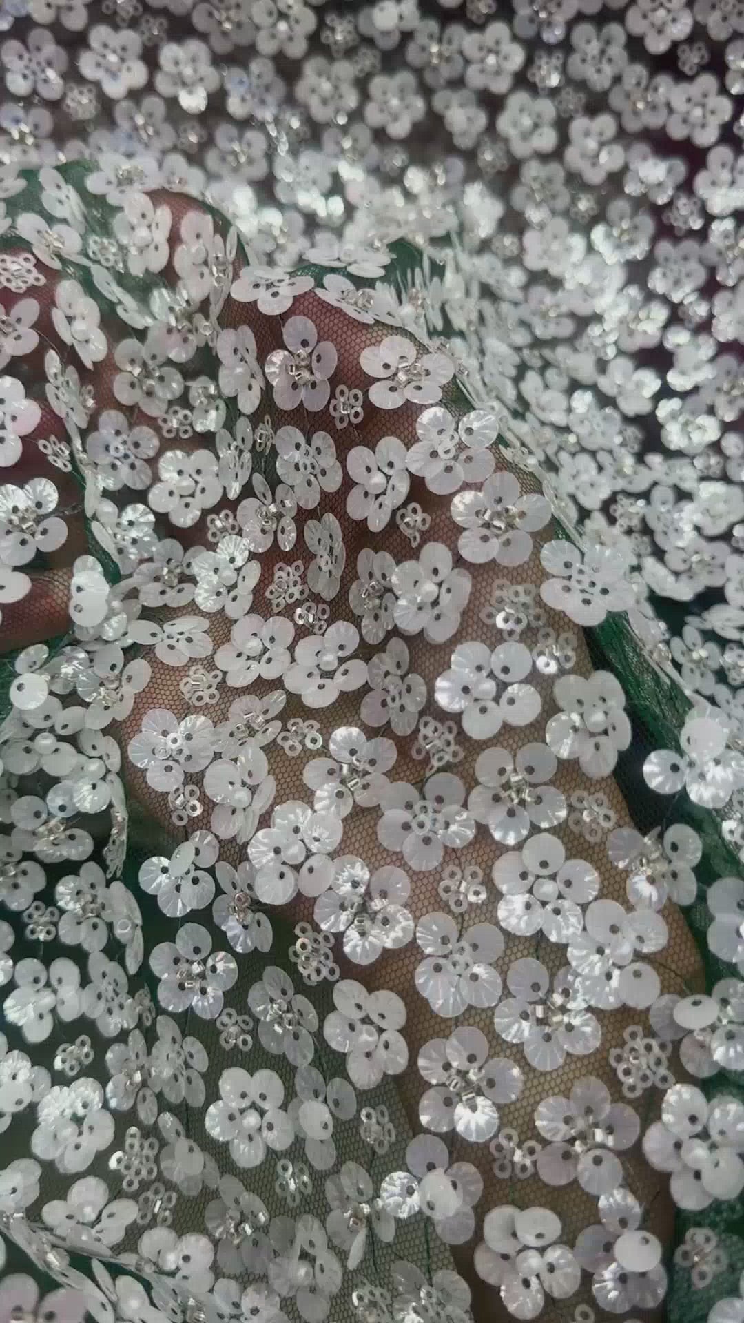 3D White Sequin Flowers on Hunter Green Mesh