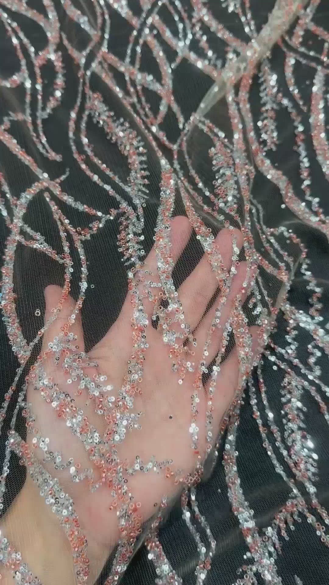 Peach-Silver Wave Design Glitter Lace Mesh