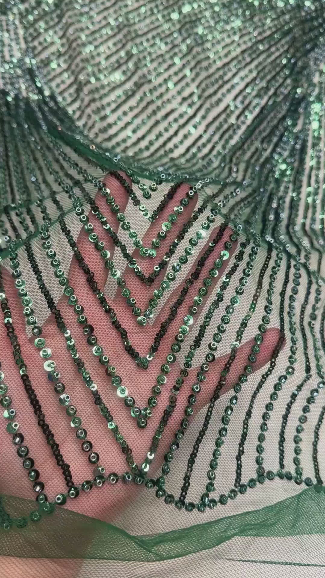 Emerald Green Beaded Wave Design Lace