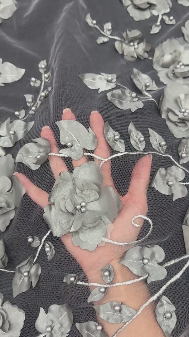 Silver 3D Flower Beaded Lace Mesh, Silver Lace Mesh, Beaded sequin lace, nude lace mesh, Glitter Lace, Seed beads lace, Lace mesh on discount