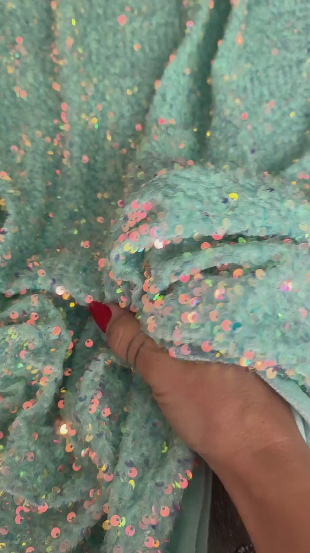 Mint Sequin on Velvet, Sequin on velvet, Stretch Sequin Mesh, Stretch Sequin velvet for woman, Stretch Sequin velvet for bride, Stretch Sequin velvet on discount, Stretch Sequin velvet online