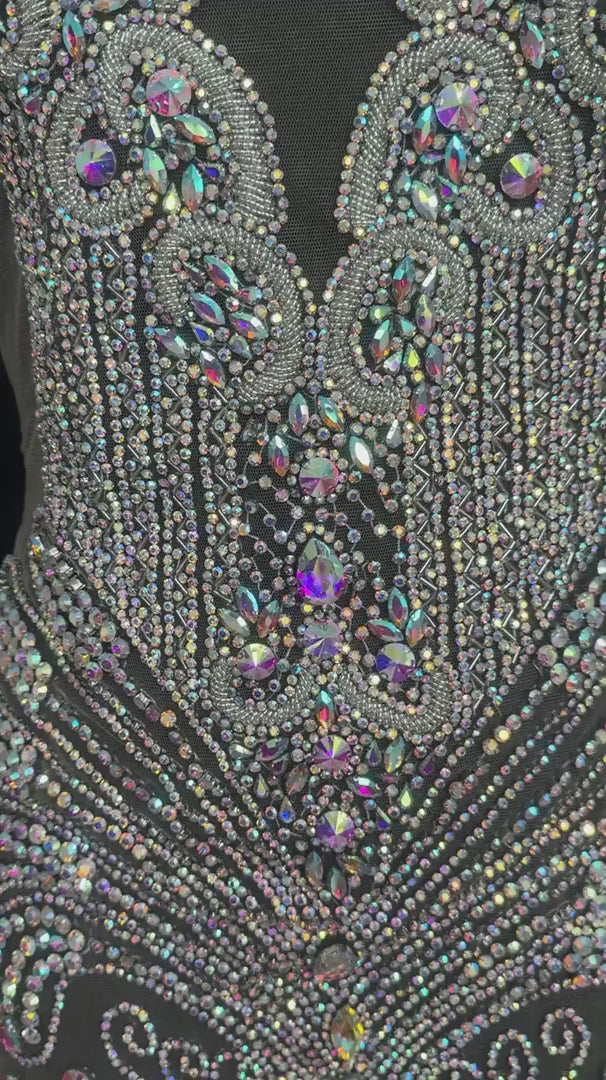Tina Silver Iridescent Rhinestone Bodice Applique, Silver Rhinestones Applique, Embellished clothing, Rhinestone applications, Rhinestone embroidery, Rhinestone patch, Dress patch, Rhinestones for dress