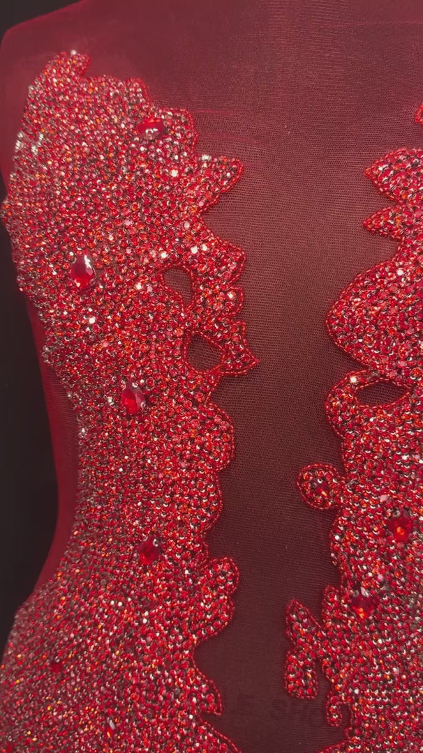 Maddy Red Rhinestone Bodice Appliqué, Silver Rhinestones Applique, Embellished clothing, Rhinestone applications, Rhinestone embroidery, Rhinestone patch, Dress patch, Rhinestones for dress