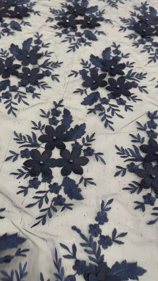 Navy 3D Flower Scalloped Mesh Lace, Navy Mesh, Nude lace mesh, lace mesh for woman, lace mesh for bride, lace mesh on sale, lace mesh on discount