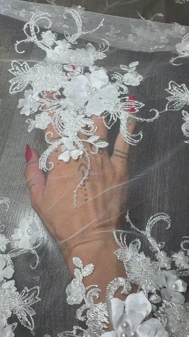 Off White 3D Floral Embroidered Beaded Tulle Lace, Embroidered Lace, Beaded Tulle Lace, Tulle for Wedding Dress, Pearl Material, Tulle Fabric, Tulle Lace Dress Woman