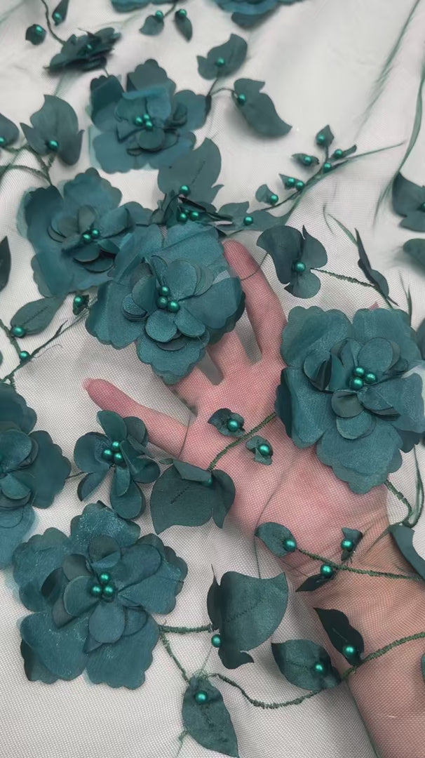 Hunter green 3D Flower Beaded Lace Mesh, Hunter green Mesh, Nude lace mesh, lace mesh for woman, lace mesh for bride, lace mesh on sale, lace mesh on discount