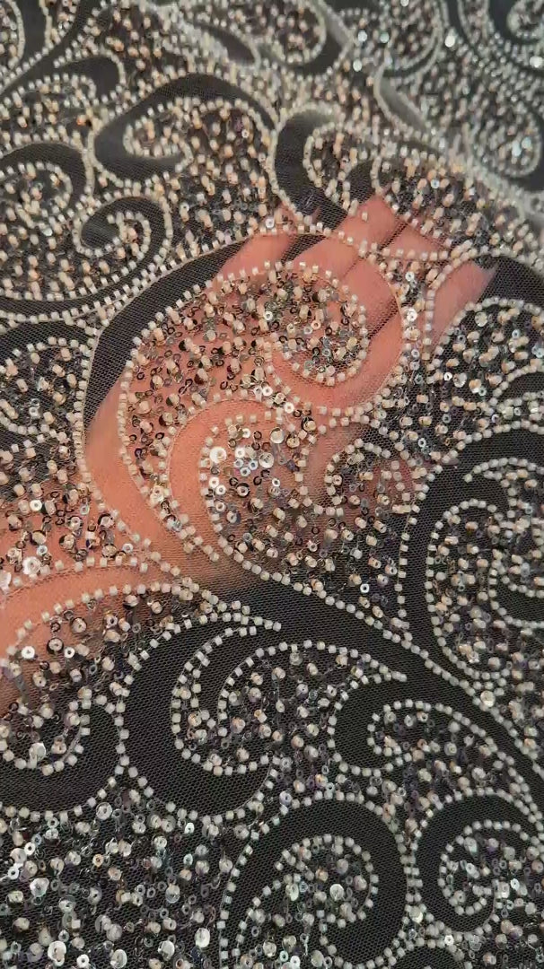 Gold Sequin Beaded Scroll Lace on Mesh, Brocade for woman, shiny fabric for bride, Metallic Brocade, Brocade in low price, Shimmery fabric for party wear, Brocade for gown