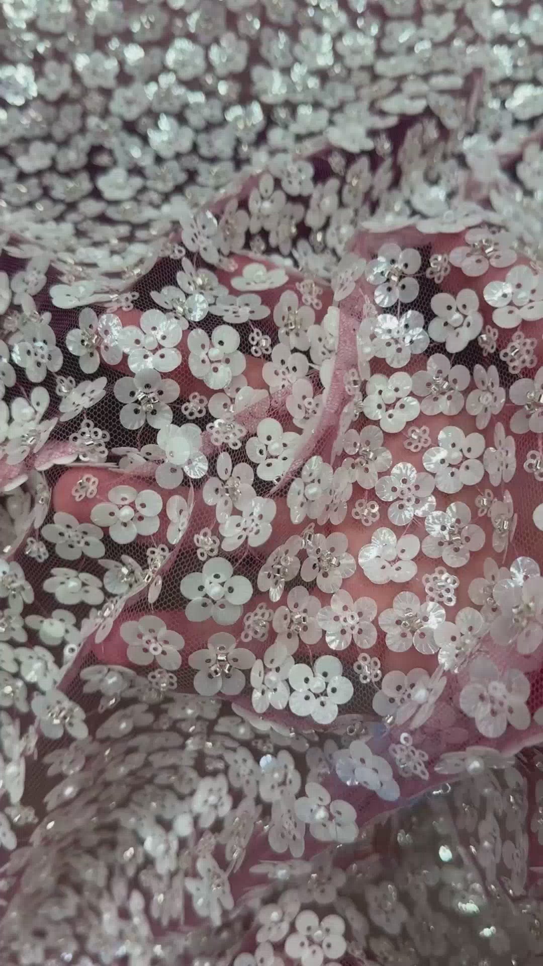 3D White Sequin Flowers on Baby Pink Mesh