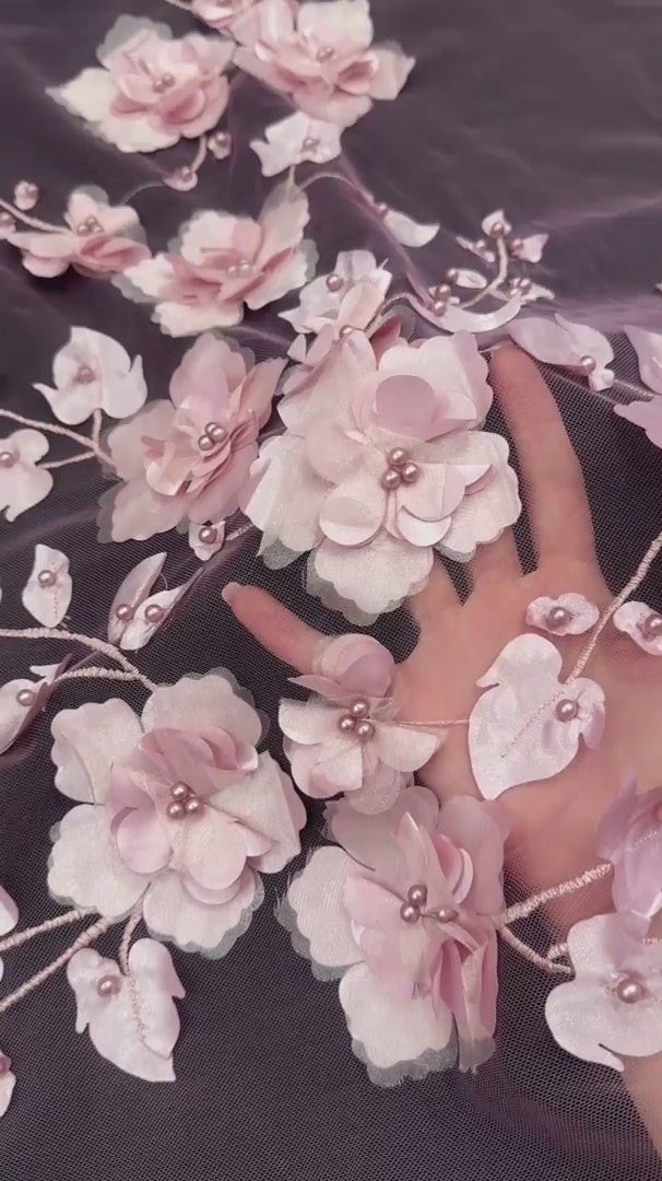 Blush Pink 3D Flower Beaded Lace Mesh, Pink Lace Mesh, Beaded sequin lace, nude lace mesh, Glitter Lace, Seed beads lace, Lace mesh on discount