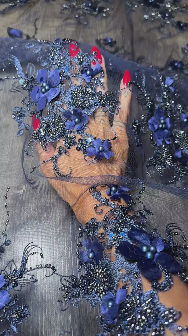 Navy 3D Floral Embroidered Beaded Tulle Lace, Embroidered Lace, Beaded Tulle Lace, Tulle for Wedding Dress, Pearl Material, Tulle Fabric, Tulle Lace Dress Woman