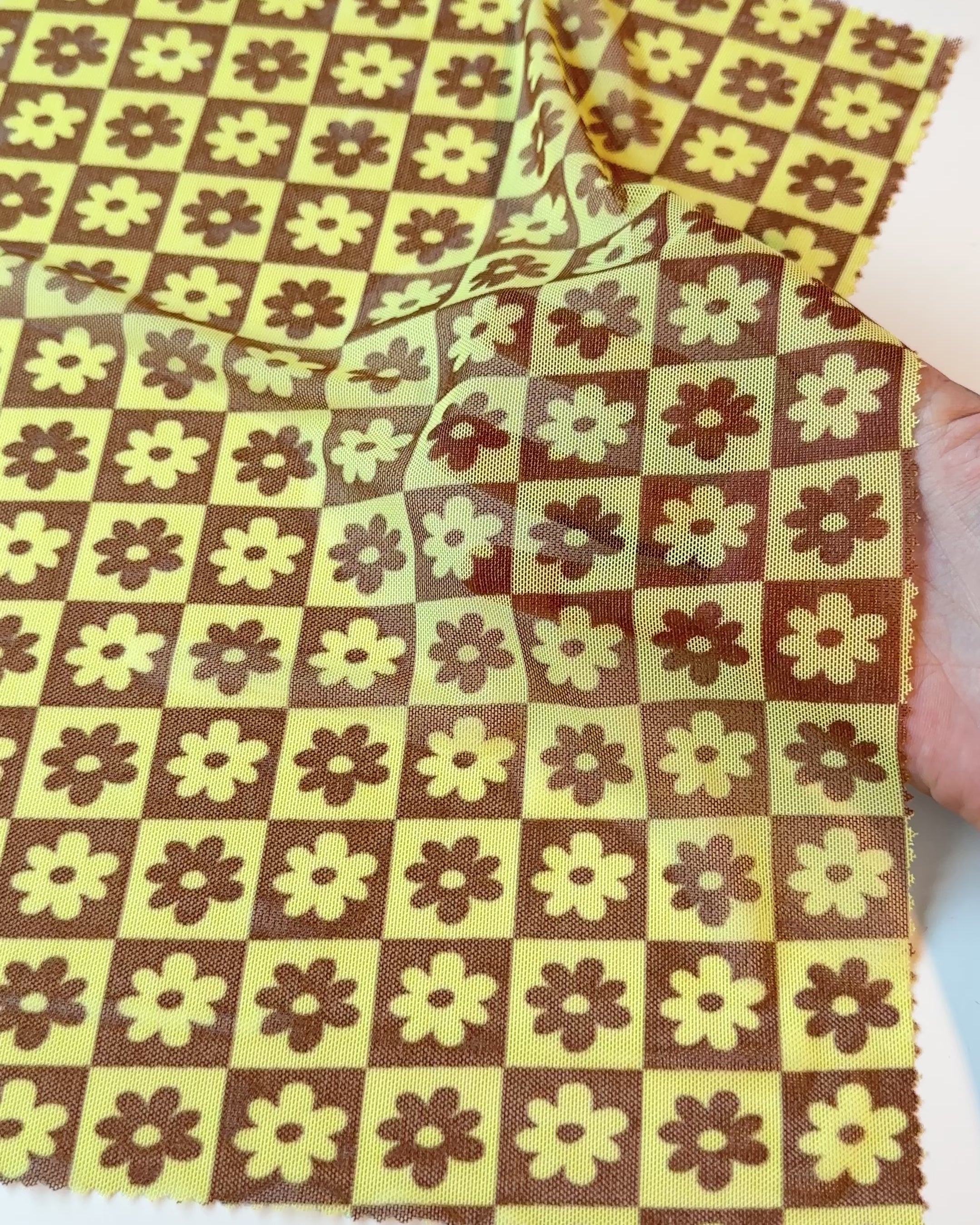 Yellow Floral Checkered Power Mesh, Floral Power Mesh Fabric, 4-way Stretch Power Mesh By yard, Floral checkered Print Stretchy Mesh Nylon/Spandex 4 way stretch, power mesh for woman, power mesh for party wear, mesh on sale, mesh on discount