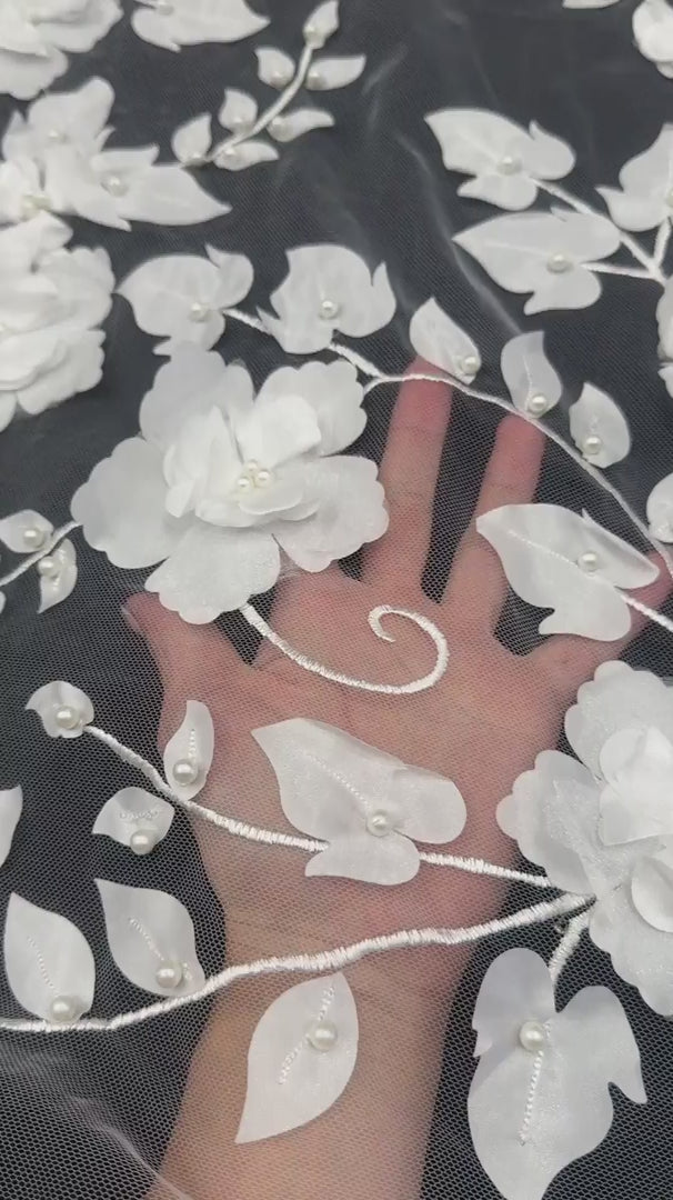 White 3D Flower Beaded Lace Mesh, White Lace Mesh, Beaded sequin lace, nude lace mesh, Glitter Lace, Seed beads lace, lace mesh on discount
