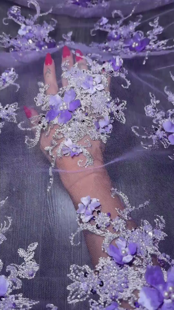 Lavender 3D Floral Embroidered Beaded Tulle Lace, Embroidered Lace, Beaded Tulle Lace, Tulle for Wedding Dress, Pearl Material, Tulle Fabric, Tulle Lace Dress Woman