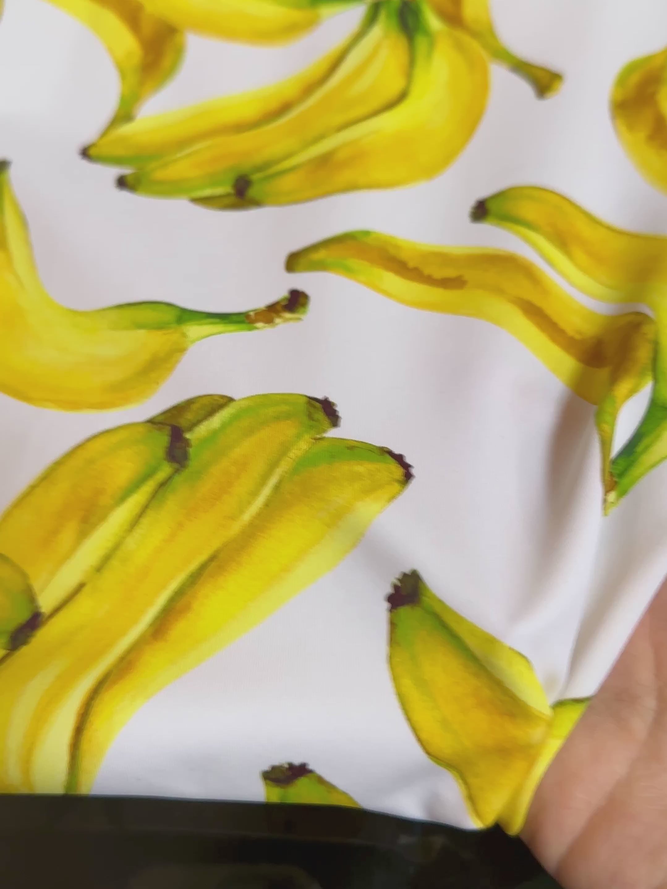 banana print fabric, banana white nylon spandex, printed spandex fabric, spandex for legging, fabric for dancewear, kikitextiles, printed fabric, spandex store usa, spandex for woman, spandex on sale, spandex on discount, premium spandex