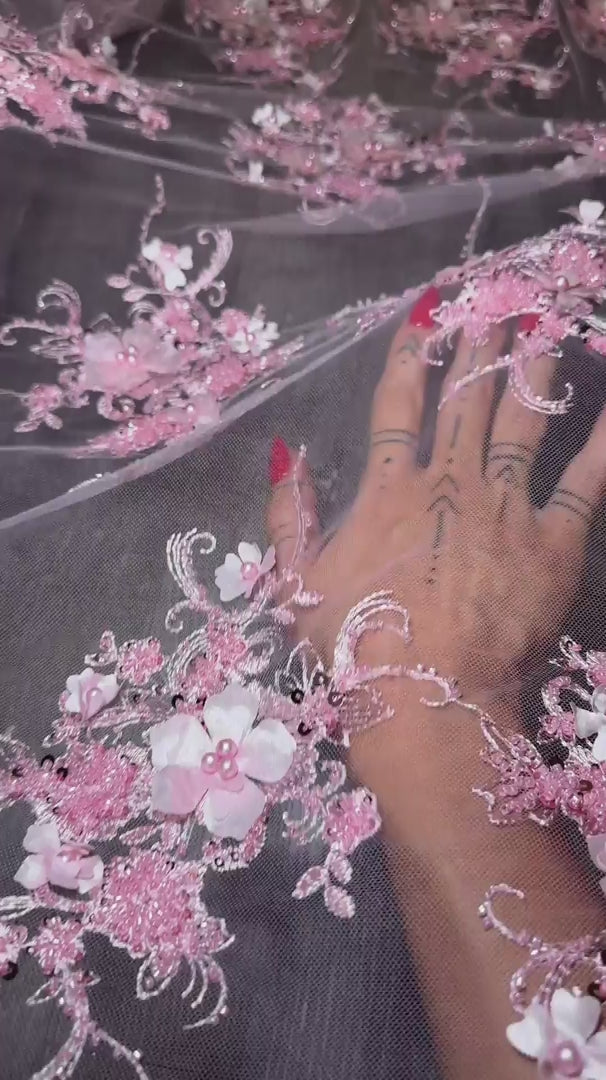 Baby Pink 3D Floral Embroidered Beaded Tulle Lace, Embroidered Lace, Beaded Tulle Lace, Tulle for Wedding Dress, Pearl Material, Tulle Fabric, Tulle Lace Dress Woman