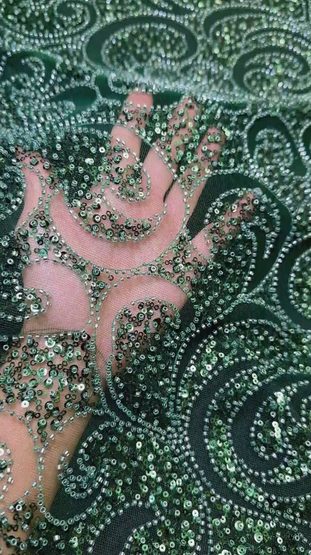 Emerald Green Sequin Beaded Scroll Lace on Mesh, Brocade for woman, shiny fabric for bride, Metallic Brocade, Brocade in low price, Shimmery fabric for party wear, Brocade for gown