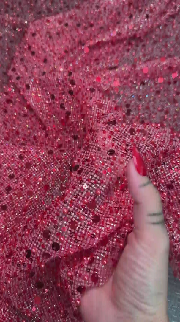 Red Sequin Pearl Beaded Mesh, Sequin on mesh, Pearl Beaded Mesh, beaded sequin on mesh, pearl beaded fabric, shimmering sequins
