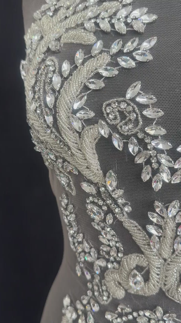 Luna Silver Rhinestone Bodice Appliqué, Silver Rhinestones Applique, Embellished clothing, Rhinestone applications, Rhinestone embroidery, Rhinestone patch, Dress patch, Rhinestones for dress