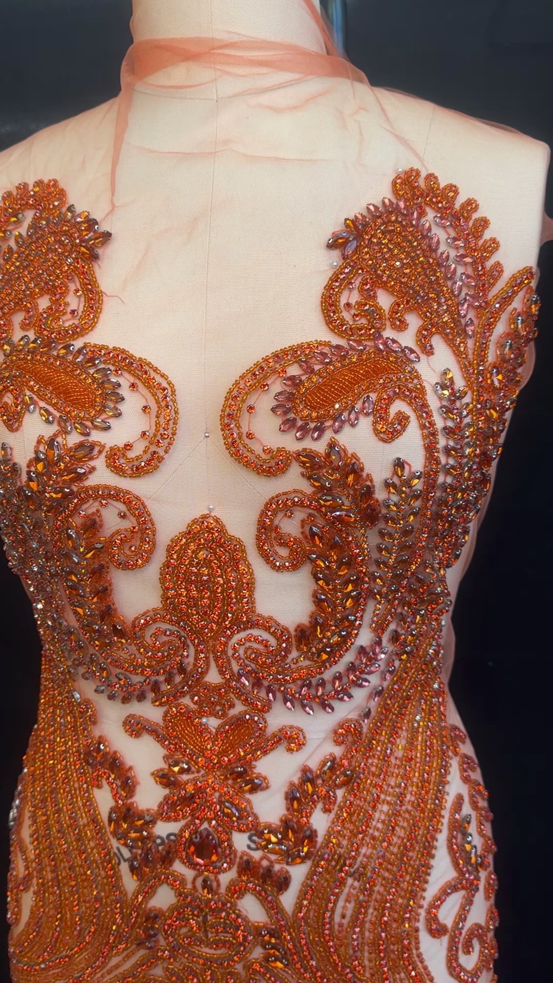 Deborah Orange Rhinestones Bodice Applique, orange rhinestone, light orange rhinestone, dark orange rhinestone