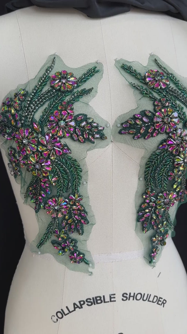 Gina Green Iridescent Rhinestone Applique, Embellished clothing, Rhinestone applications, Rhinestone embroidery, Rhinestone patch, Dress patch, Rhinestones for dress
