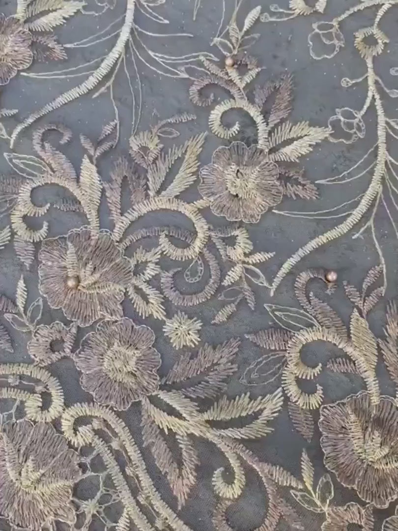 Gold Floral Embroidered Lace, dusty gold Embroidered Lace for gown, Bridal Lace Fabric, Scalloped lace, Floral Lace double edged, lace fabric on discount, lace fabric on sale, premium lace fabric, buy lace fabric online, glitter lace fabric