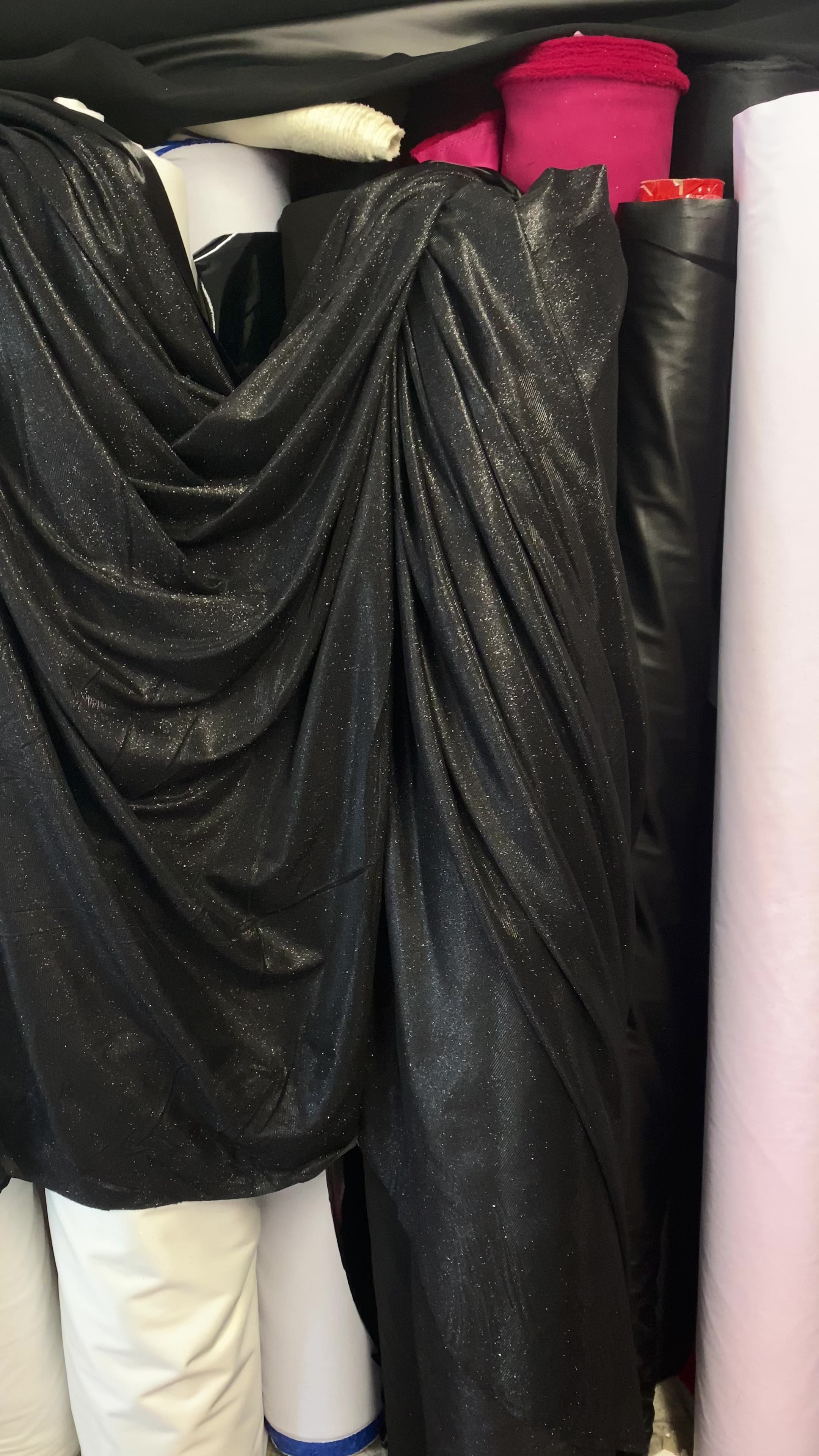 black stretch lurex, black stretch lurex for woman, shiny black stretch lurex, party wear black stretch lurex, shiny lurex, spandex lurex for bride, lurex on discount, lurex on sale, buy metallic lurex online, lurex for gown
