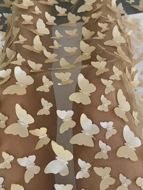 Gold 3D Butterfly Lace Fabric , Champagne Butterfly Tulle By The Yard, Gold Tulle Lace Fabric, Dress Fabric, Bridal Lace Fabric, premium lace fabric, lace fabric on discount, lace fabric in low price, buy lace fabric online, lace fabric on sale