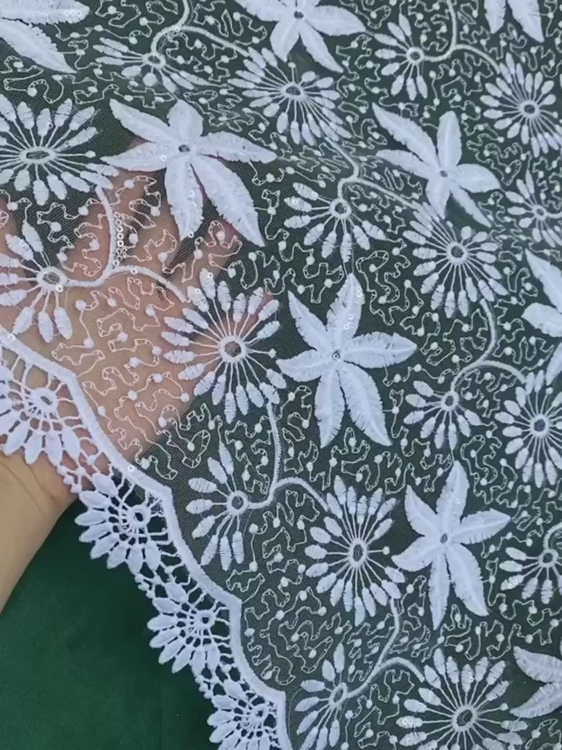 White Dainty Lace on Mesh, bright white Lace, off white lace, lace for woman, lace for bride,  lace on discount, lace on sale, premium lace, kiki textile lace, lace for party wear dresses, lace on mesh