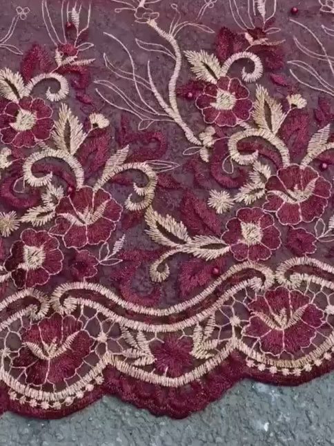 burgundy Embroidered Lace, dark red Embroidered Lace, maroon embroidered Lace, Embroidered Lace for woman, Embroidered Lace for bride, Embroidered Lace in low price, Embroidered Lace on sale, premium Embroidered Lace