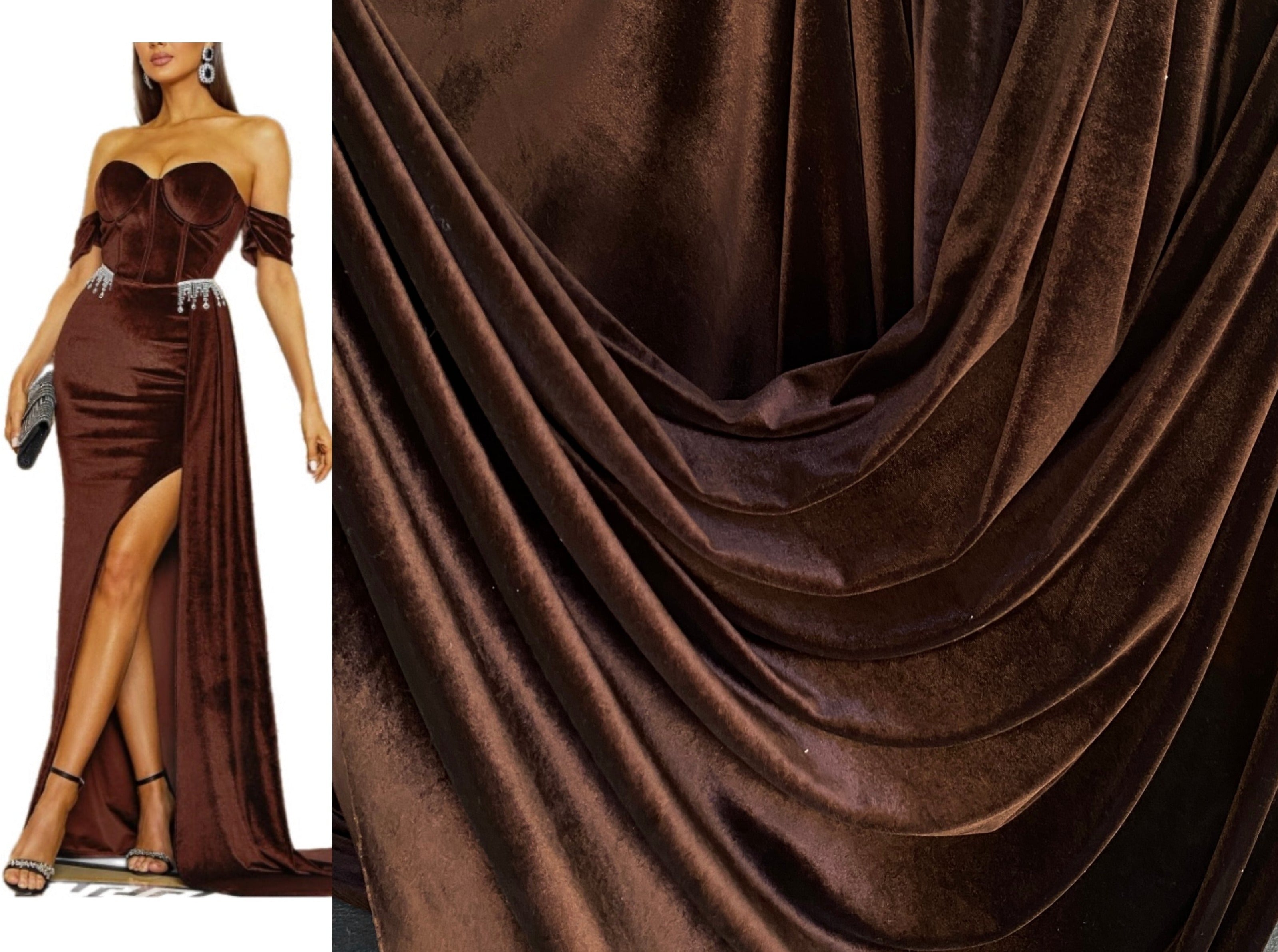 chocolate brown velvet fabric, 4 way stretch velvet fabric, solid velvet fabric, velvet fabric for clothing, fabric store, velvet cheap, stretch velvet on sale, brown velvet, dark brown velvet fabric