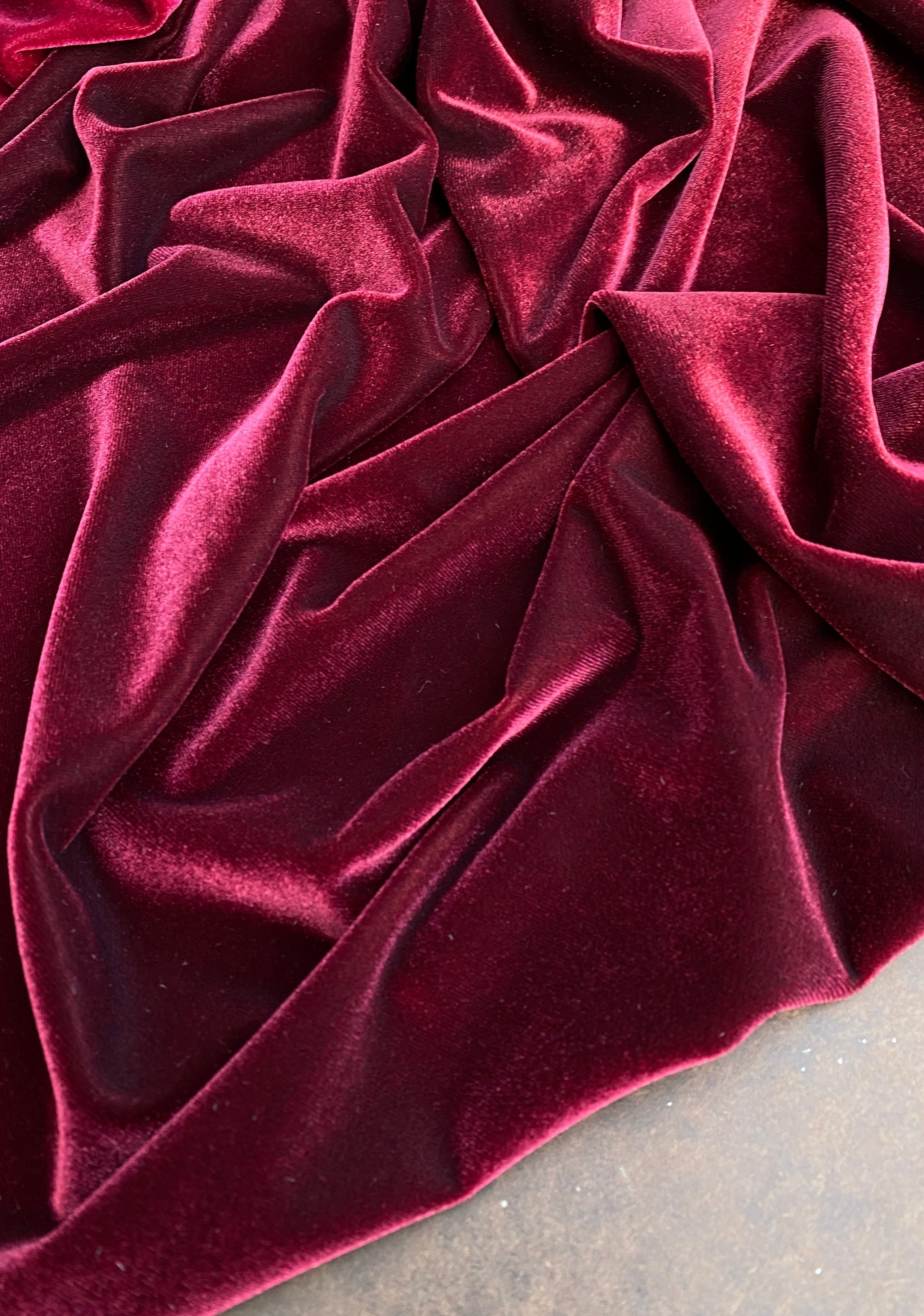 burgundy stretch velvet, ,maroon stretch velvet fabric, bordeaux velvet fabric, burgundy 4 way stretch velvet, cheap velvet, velvet fabric on sale, fabrics on sale, velvet for woman, velvet for bride, velvet colors, velvet fabric bundle