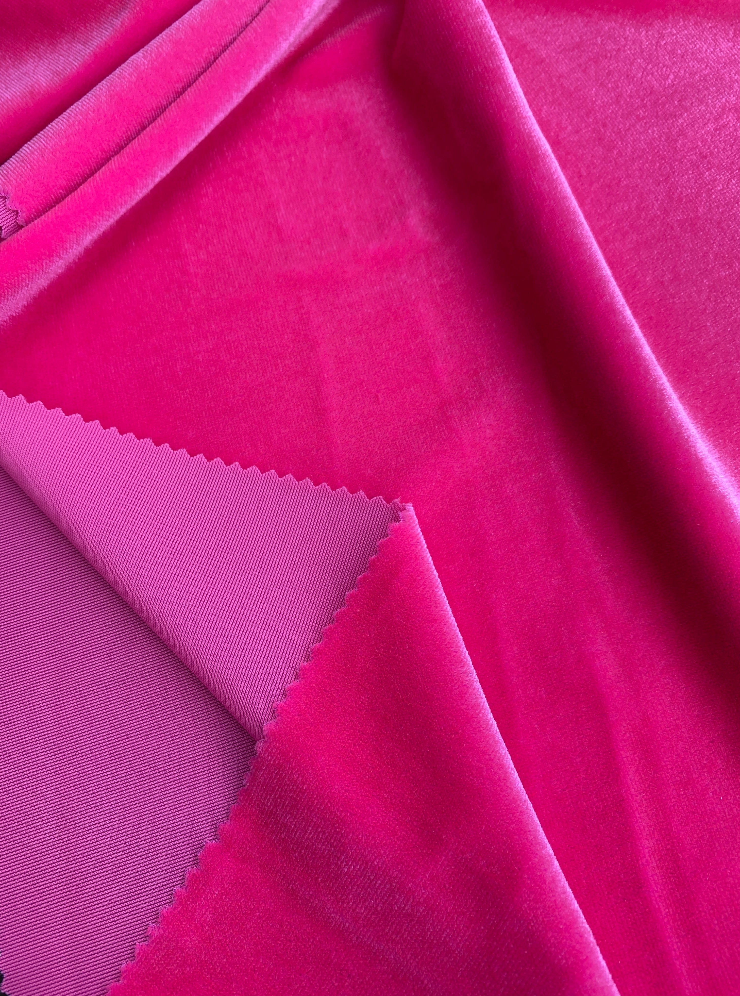 neon pink velvet fabric, 4 way stretch velvet fabric, solid velvet fabric, velvet fabric for clothing, fabric store, velvet cheap, stretch velvet on sale, fuchsia velvet, hot pink velvet fabric