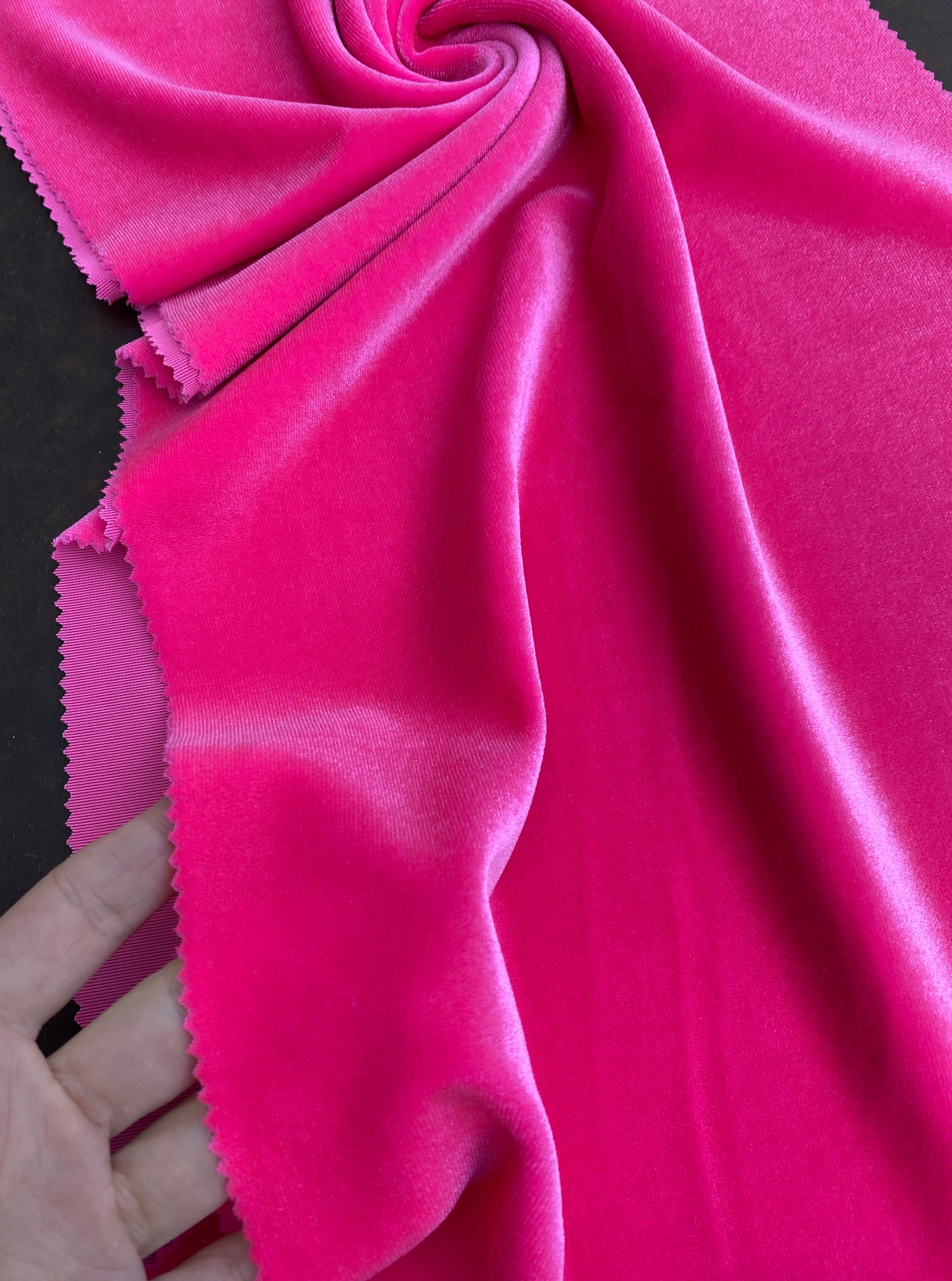 neon pink velvet fabric, 4 way stretch velvet fabric, solid velvet fabric, velvet fabric for clothing, fabric store, velvet cheap, stretch velvet on sale, fuchsia velvet, hot pink velvet fabric
