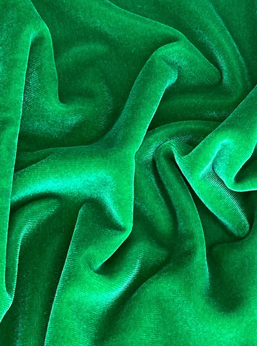 kelly green stretch velvet, kelly green stretch velvet for gown, stretch velvet for wedding, stretch pure velvet,  green stretch velvet for brides, stretch fancy velvet, velvet for dress, stretch expensive velvet
