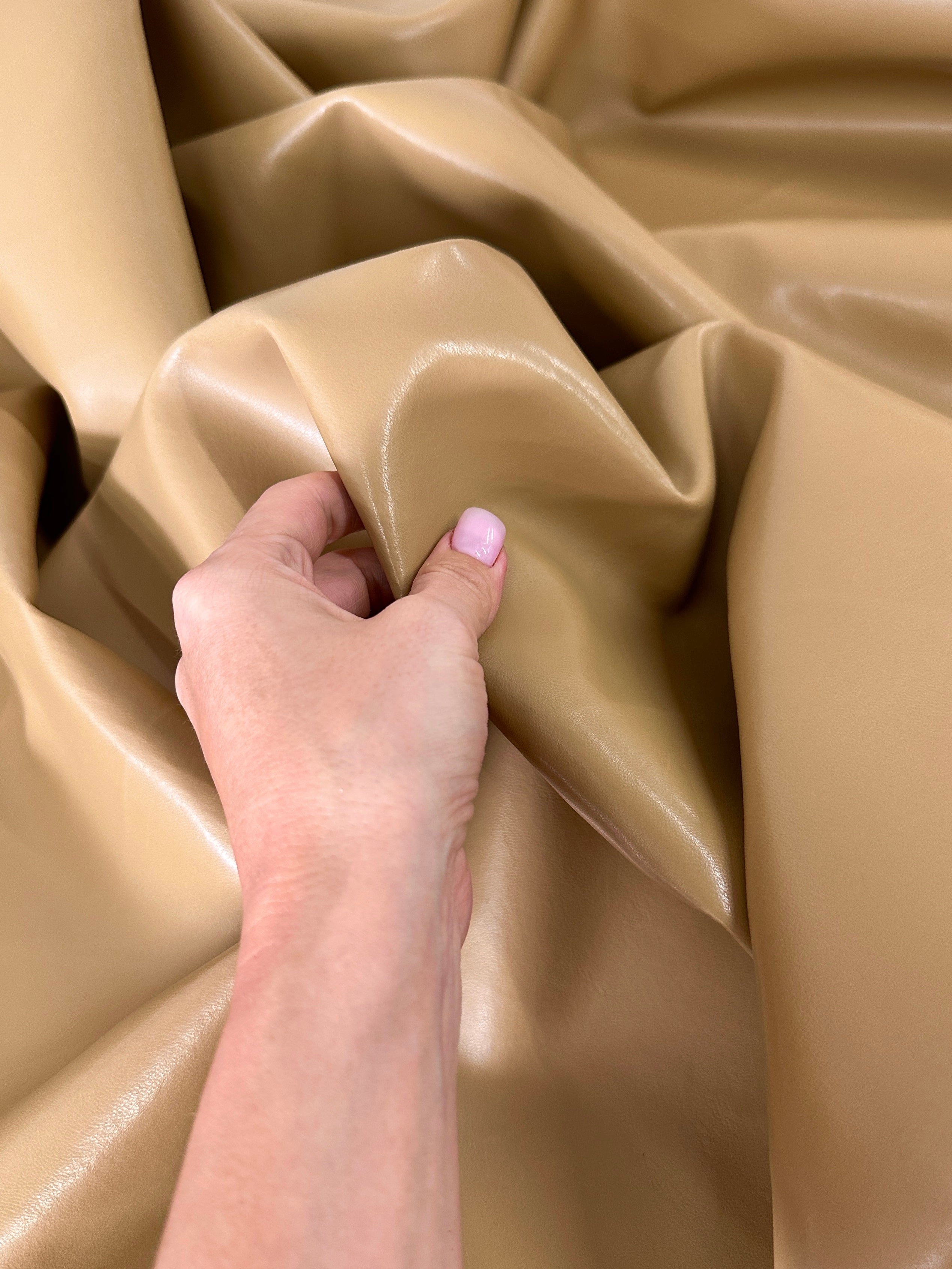 caramel Stretch Faux Leather, light brown stretch faux leather, cream color stretch faux leather, faux leather for woman, faux leather for costumes, faux leather for home decor, 2 way stretch faux leather, leather for blazers, cheap leather, discounted leather, leather on sale