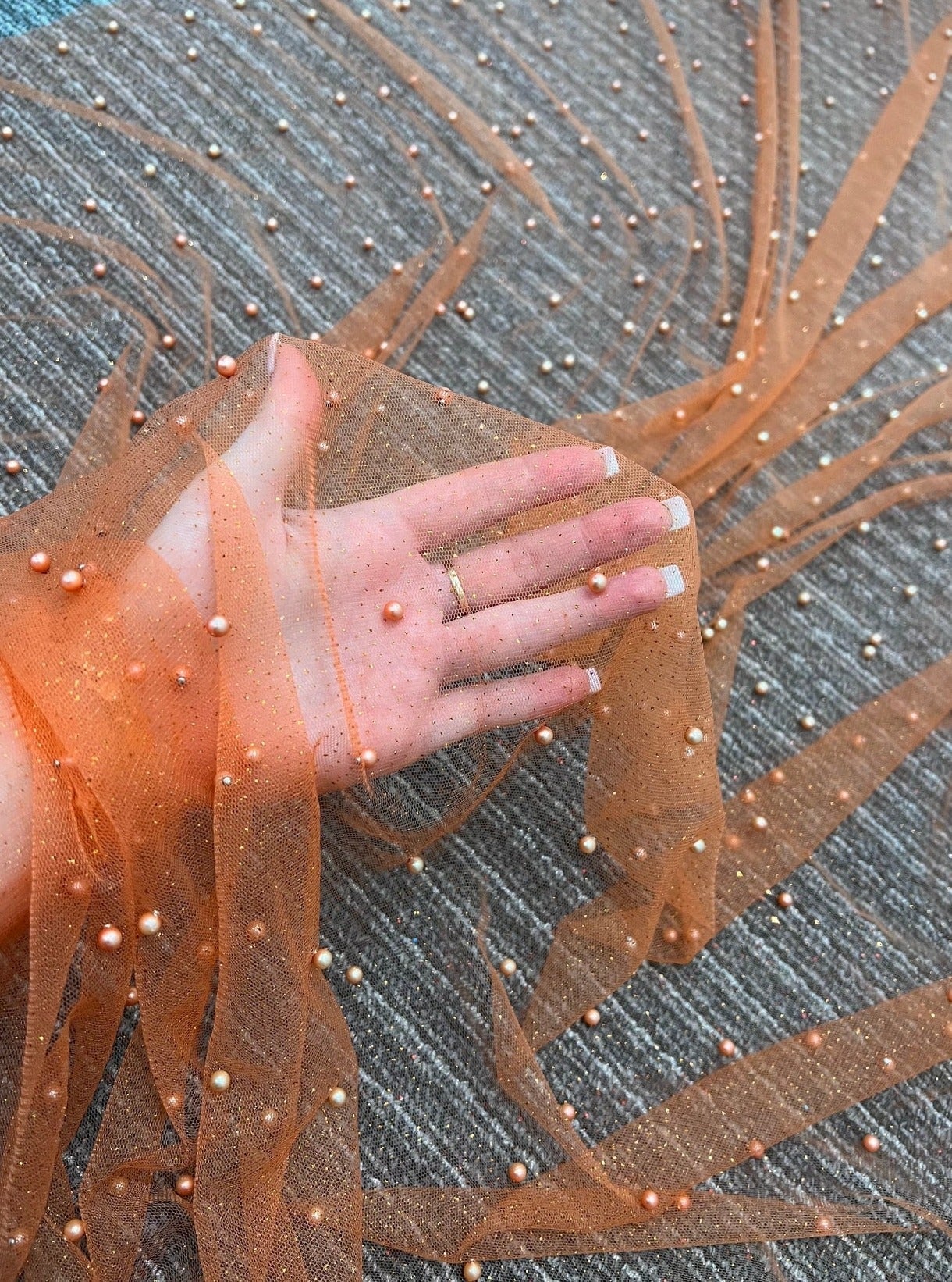 orange glitter Pearl Tulle, dark orange pearl Tulle, light orange pearl tulle, dark peach Pearl Tulle for party wear, orange Pearl Tulle for dress, Pearl Tulle for woman, Pearl Tulle for bride, Pearl Tulle on discount, Pearl Tulle on sale, premium Pearl Tulle, buy Pearl Tulle online