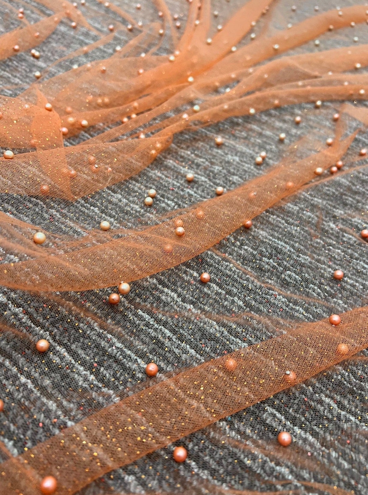 orange glitter Pearl Tulle, dark orange pearl Tulle, light orange pearl tulle, dark peach Pearl Tulle for party wear, orange Pearl Tulle for dress, Pearl Tulle for woman, Pearl Tulle for bride, Pearl Tulle on discount, Pearl Tulle on sale, premium Pearl Tulle, buy Pearl Tulle online