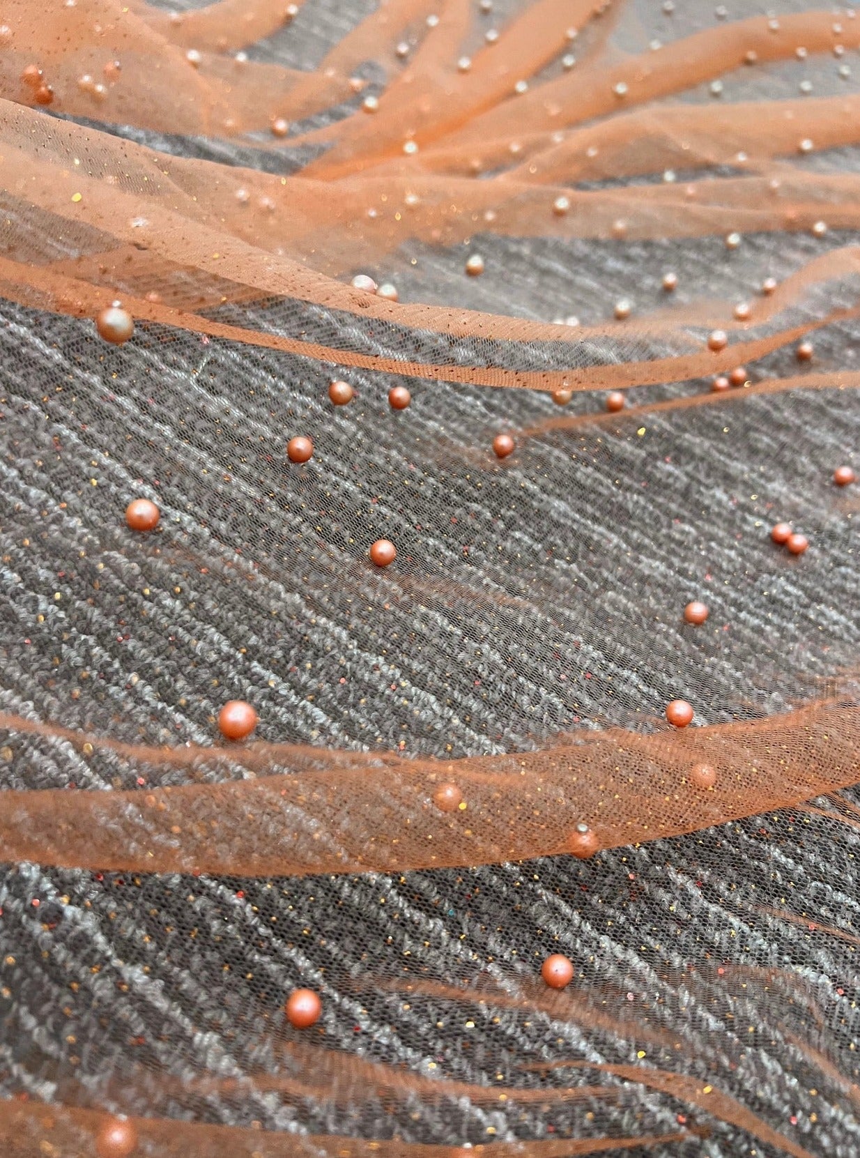 orange glitter Pearl Tulle, dark orange pearl Tulle, light orange pearl tulle, dark peach Pearl Tulle for party wear, orange Pearl Tulle for dress, Pearl Tulle for woman, Pearl Tulle for bride, Pearl Tulle on discount, Pearl Tulle on sale, premium Pearl Tulle, buy Pearl Tulle online