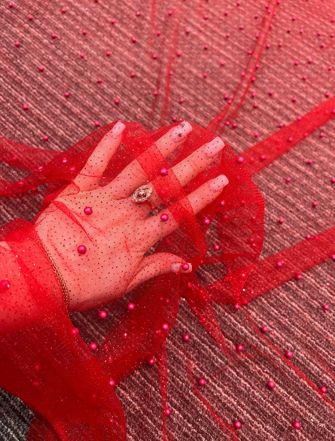 red Tulle Bead Pearl Lace Fabric, light red Pearl Beaded Tulle for Veil, dark red Beaded Pearl Tulle Lace Fabric by the yard, red pearl scattered tulle, Pearl Tulle Fabric for woman, Pearl Tulle Fabric for party wear, Pearl Tulle Fabric on discount,Pearl Tulle Fabric on sale