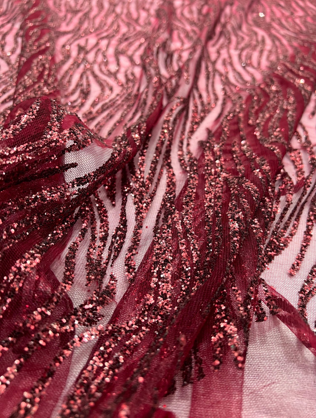 Burgundy Glitter Lace Fabric on Mesh, dark red lace Glitter, light red Lace, blood red lace, lace for woman, lace for bride,  lace on discount, lace on sale, premium lace, kiki textile lace, lace for party wear dresses, lace on mesh