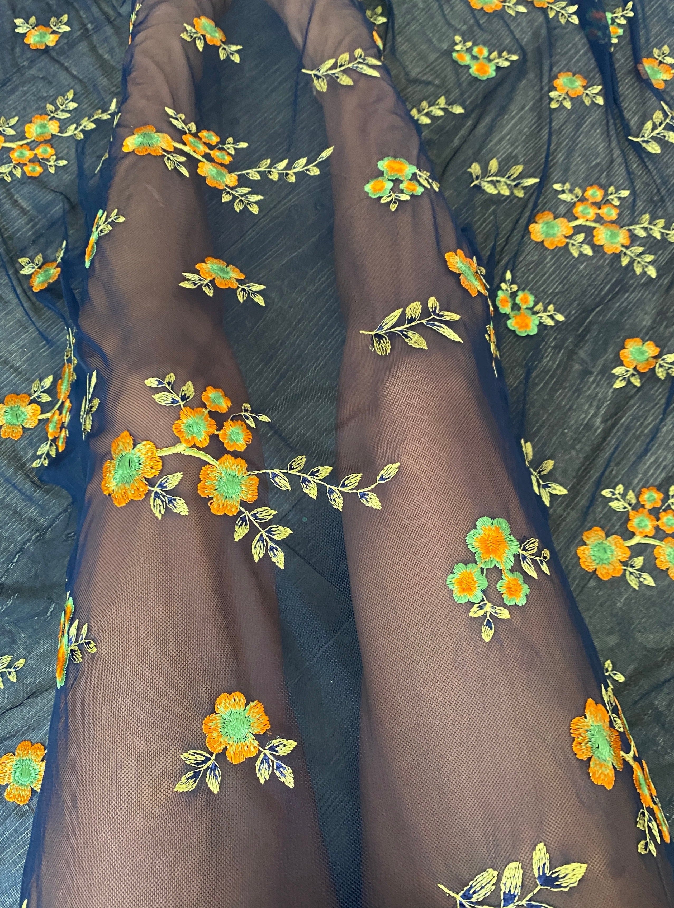 power mesh, navy floral power mesh fabric, orange floral pattern, 4 way stretch fabric, power mesh online store usa, blue color fabric, kiki textiles, soft mesh fabric