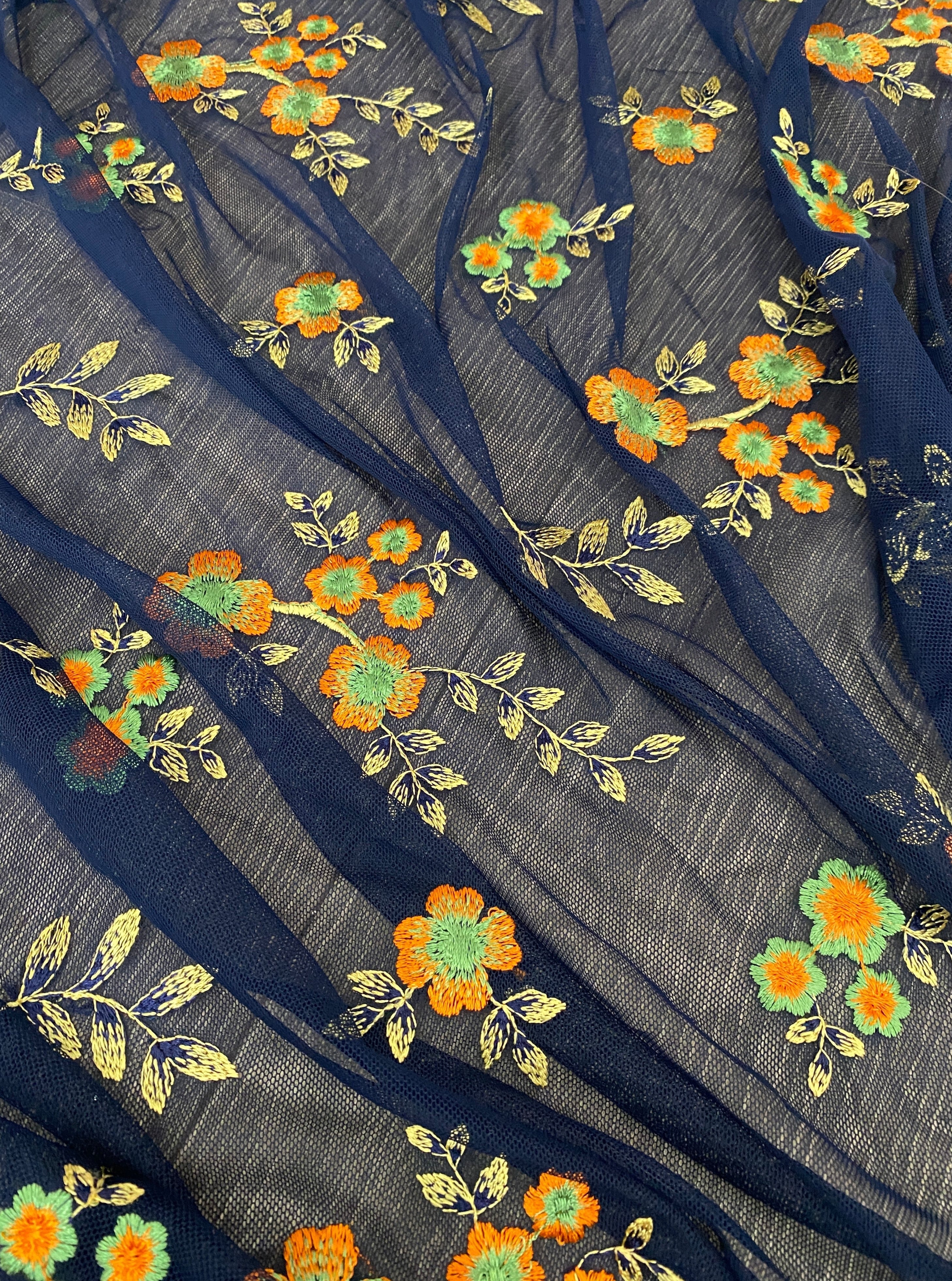 power mesh, navy floral power mesh fabric, orange floral pattern, 4 way stretch fabric, power mesh online store usa, blue color fabric, kiki textiles, soft mesh fabric