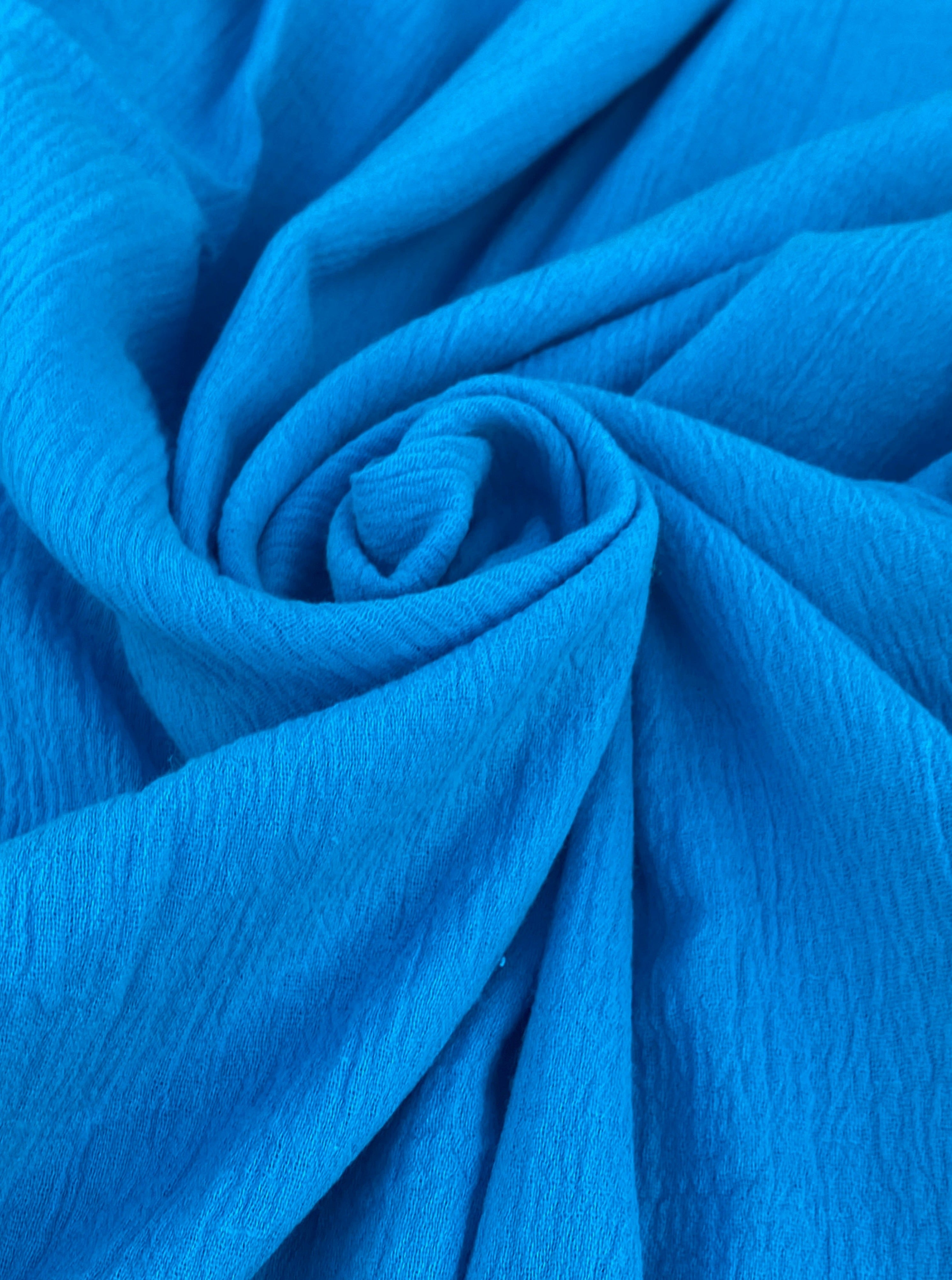 Turquoise Crinkle Cotton Gauze, cotton gauze fabric, baby blue gauze fabric, dark blue gauze, cotton for woman, double gauze cheap, coton gauze for bride, cotton gauze in low price