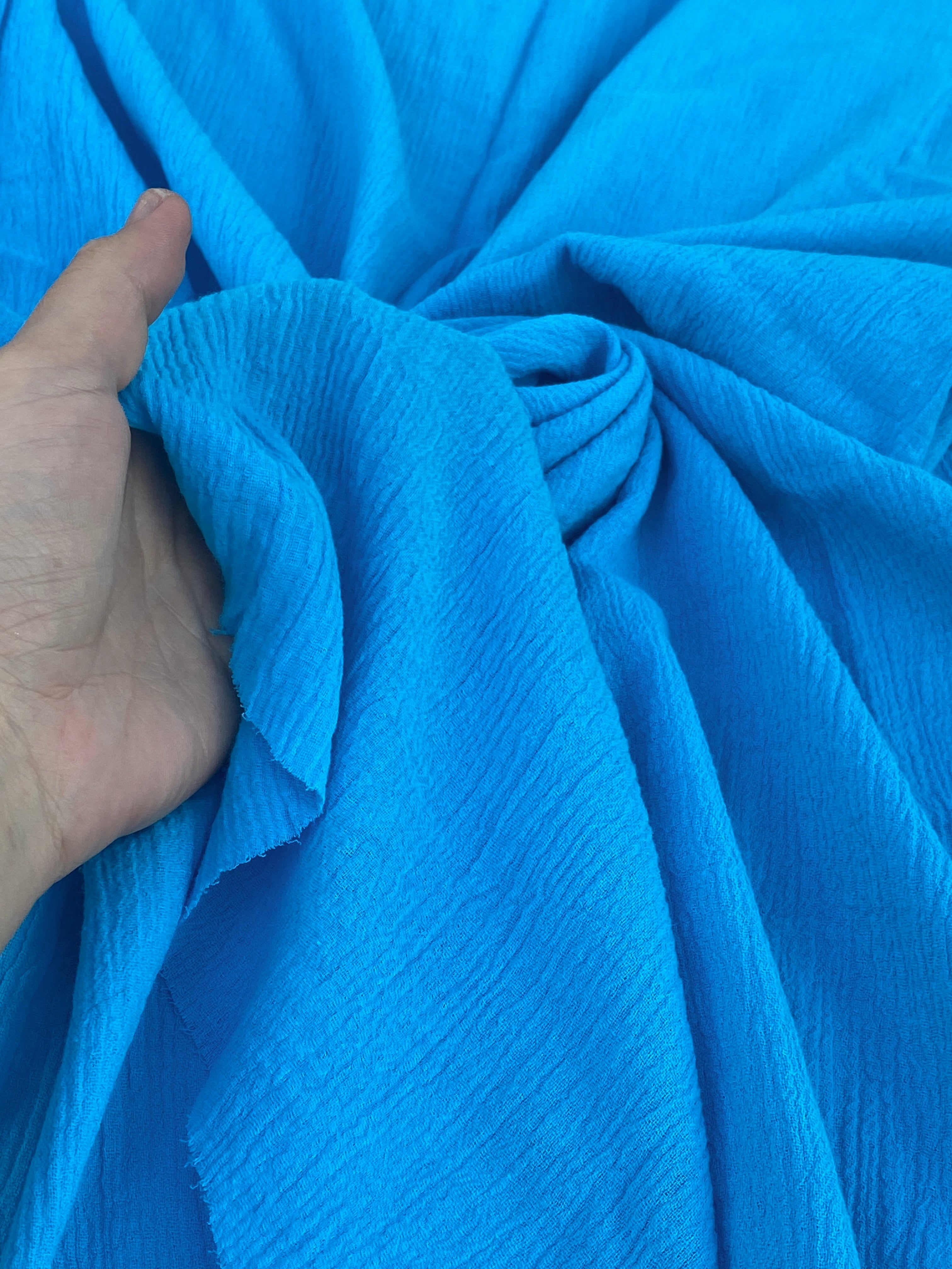 Turquoise Crinkle Cotton Gauze, cotton gauze fabric, baby blue gauze fabric, dark blue gauze, cotton for woman, double gauze cheap, coton gauze for bride, cotton gauze in low price