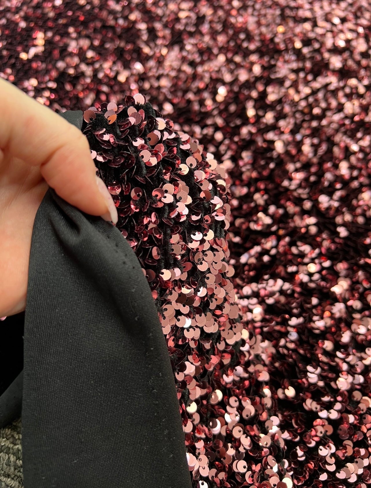 Iridescent Burgundy Sequin on Velvet, Burgundy sequin on velvet, maroon sequin on velvet, Iridescent sequin on velvet, velvet on discount, velvet on sale, buy velvet online, kikitextile velvet, premium velvet, velvet for gown, velvet for woman, velvet for bride