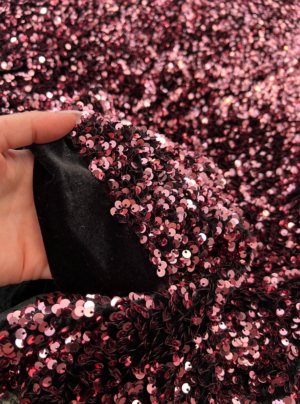 Iridescent Burgundy Sequin on Velvet, Burgundy sequin on velvet, maroon sequin on velvet, Iridescent sequin on velvet, velvet on discount, velvet on sale, buy velvet online, kikitextile velvet, premium velvet, velvet for gown, velvet for woman, velvet for bride