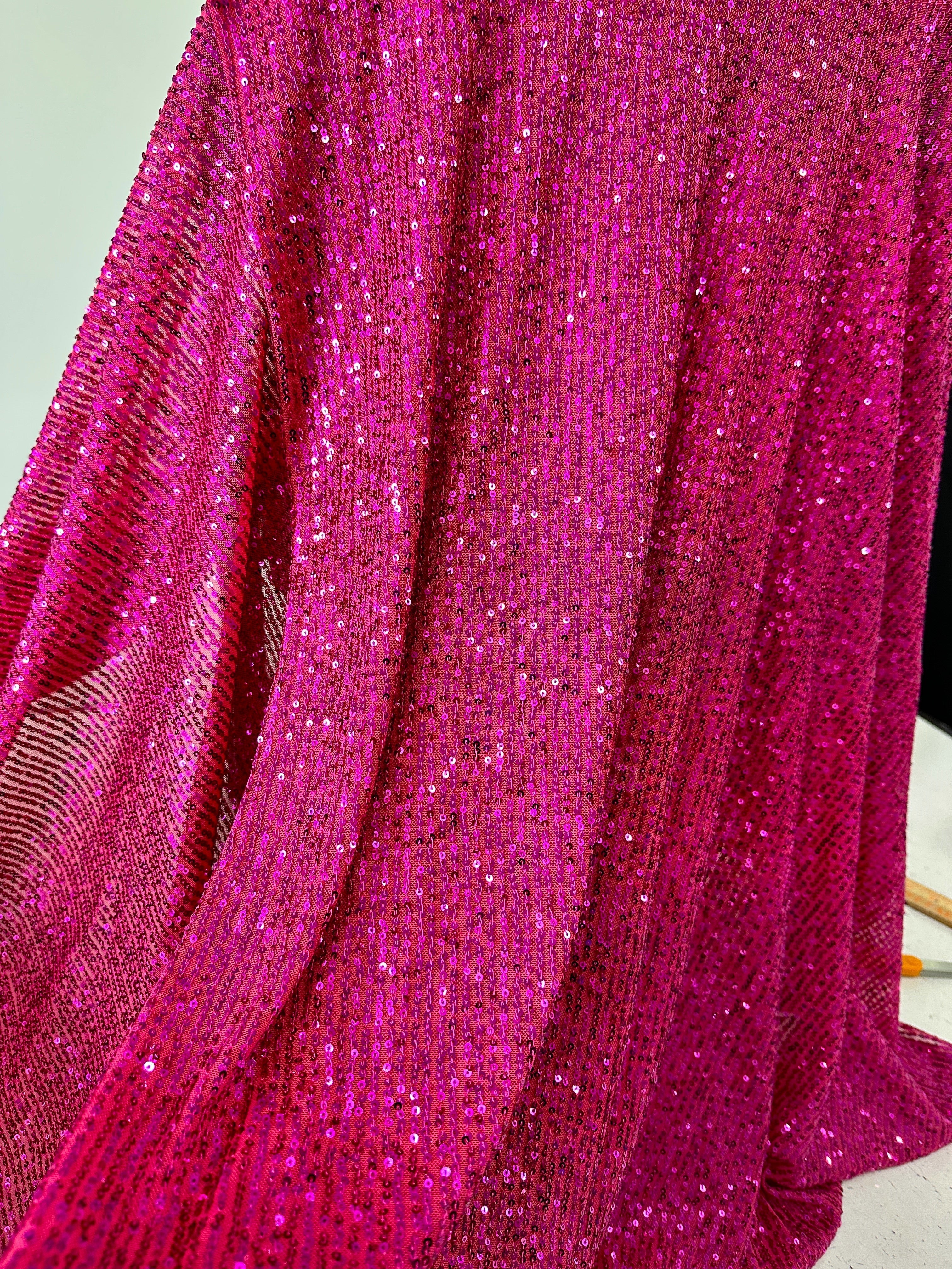 fuchsia sequin on mesh, fuchsia sequin fabric for woman, pink sequin, light pin sequin, rose pink sequin, discounted sequin, sequin for gown, cheap sequin, sequin on sale, buy sequin online, best quality sequin, kiki textile sequin