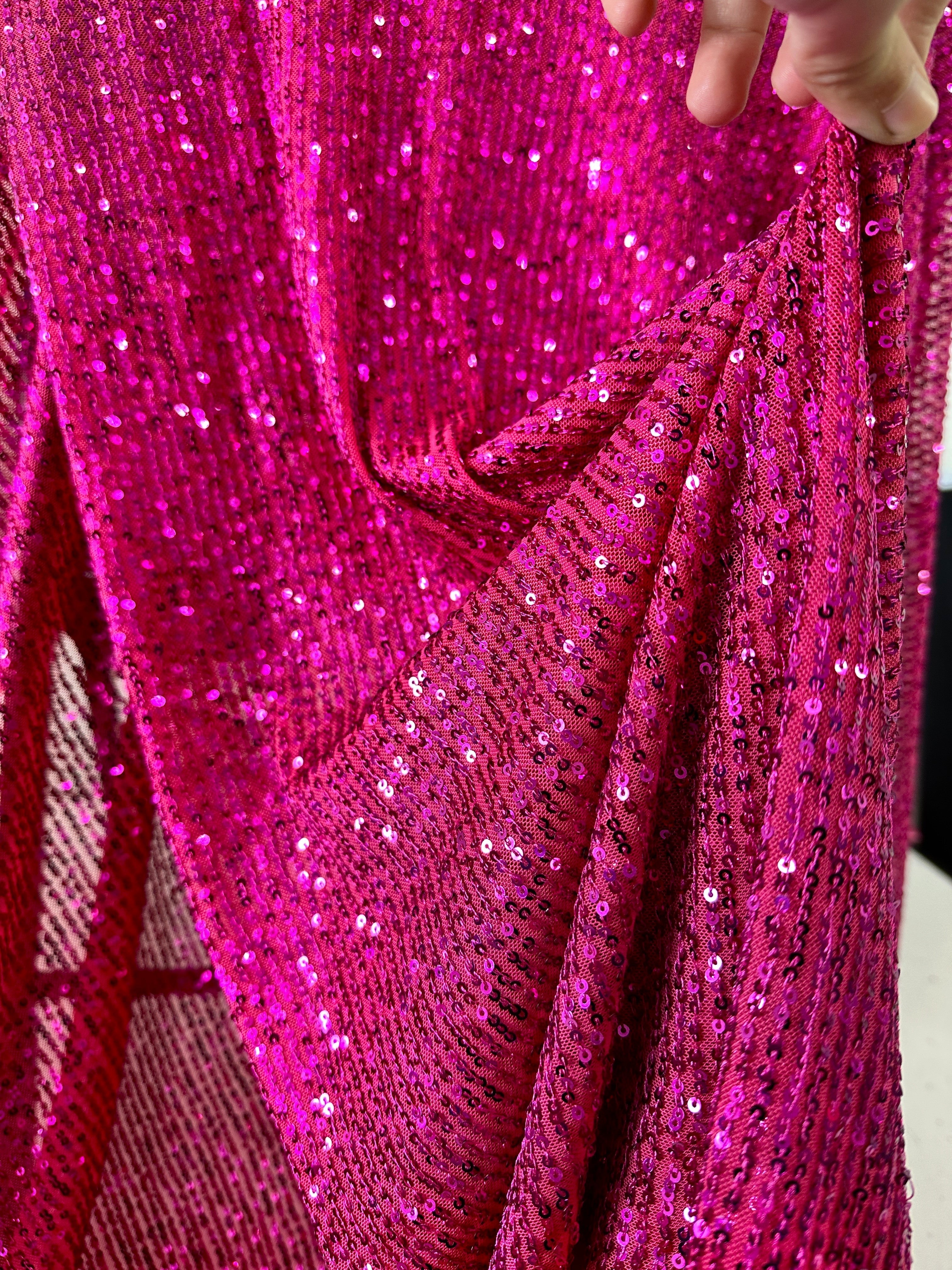 fuchsia sequin on mesh, fuchsia sequin fabric for woman, pink sequin, light pin sequin, rose pink sequin, discounted sequin, sequin for gown, cheap sequin, sequin on sale, buy sequin online, best quality sequin, kiki textile sequin