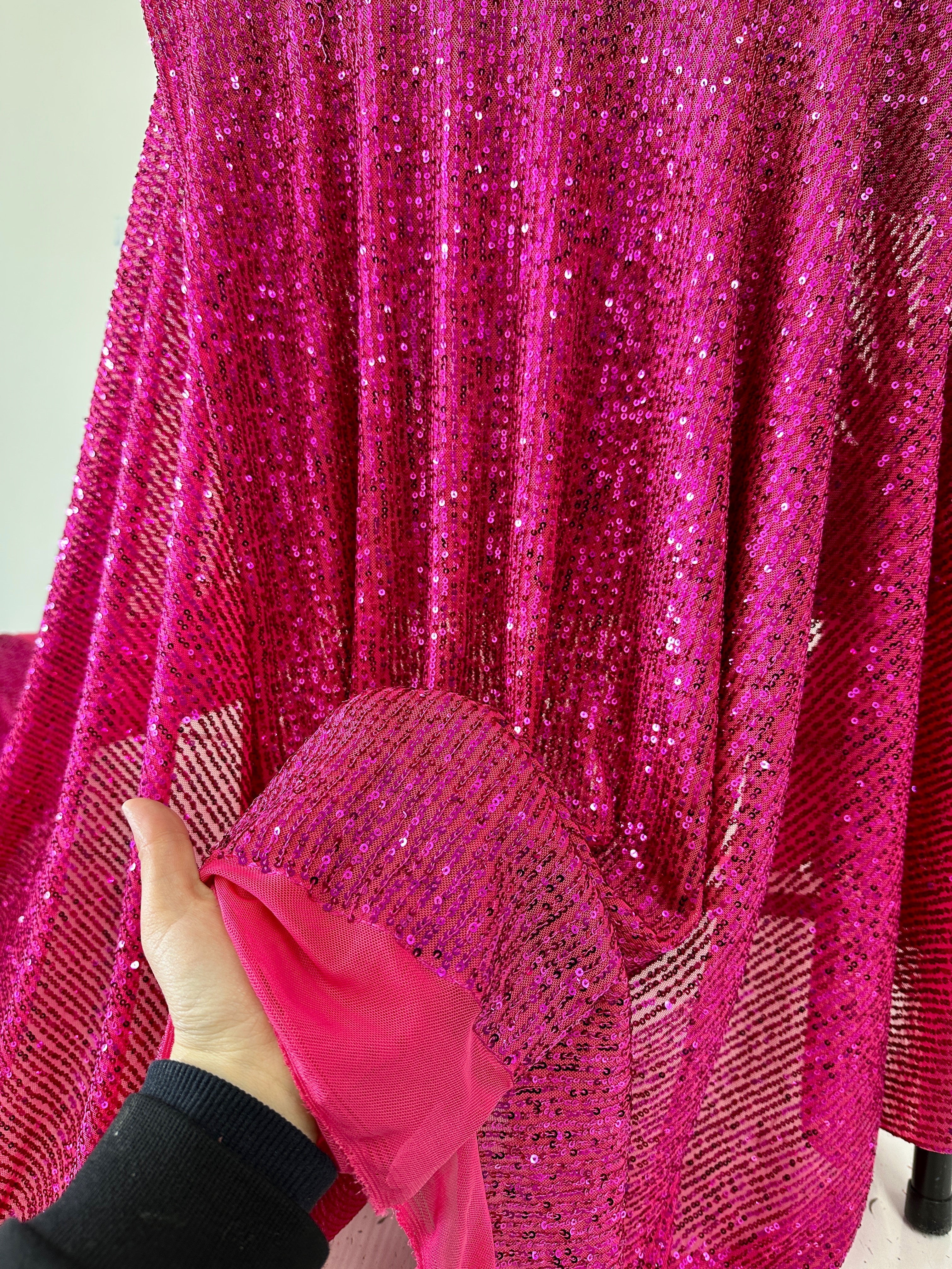 fuchsia sequin on mesh, fuchsia sequin fabric for woman, pink sequin, light pin sequin, rose pink sequin, discounted sequin, sequin for gown, cheap sequin, sequin on sale, buy sequin online, best quality sequin, kiki textile sequin