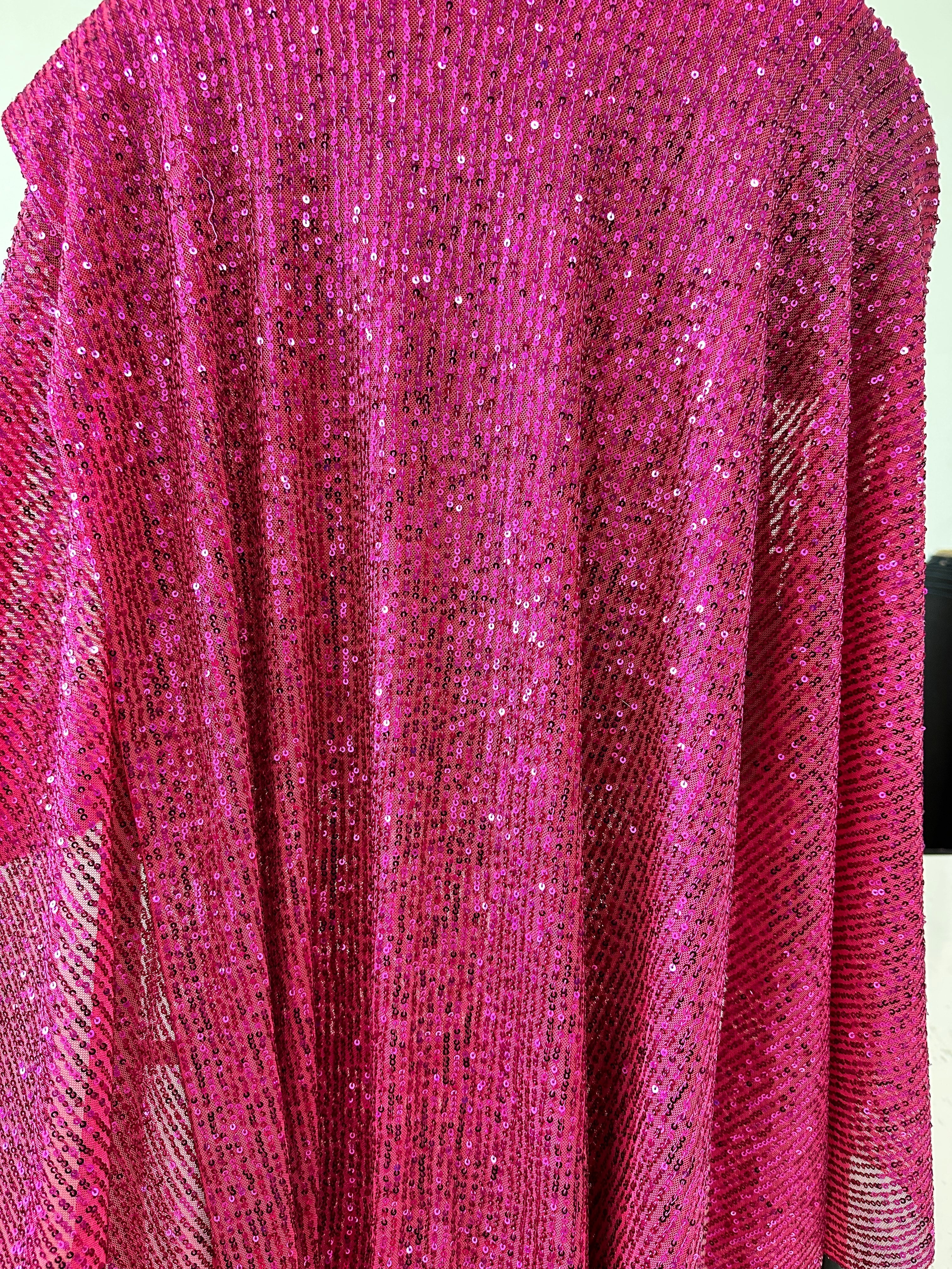 fuchsia sequin on mesh, fuchsia sequin fabric for woman, pink sequin, light pin sequin, rose pink sequin, discounted sequin, sequin for gown, cheap sequin, sequin on sale, buy sequin online, best quality sequin, kiki textile sequin